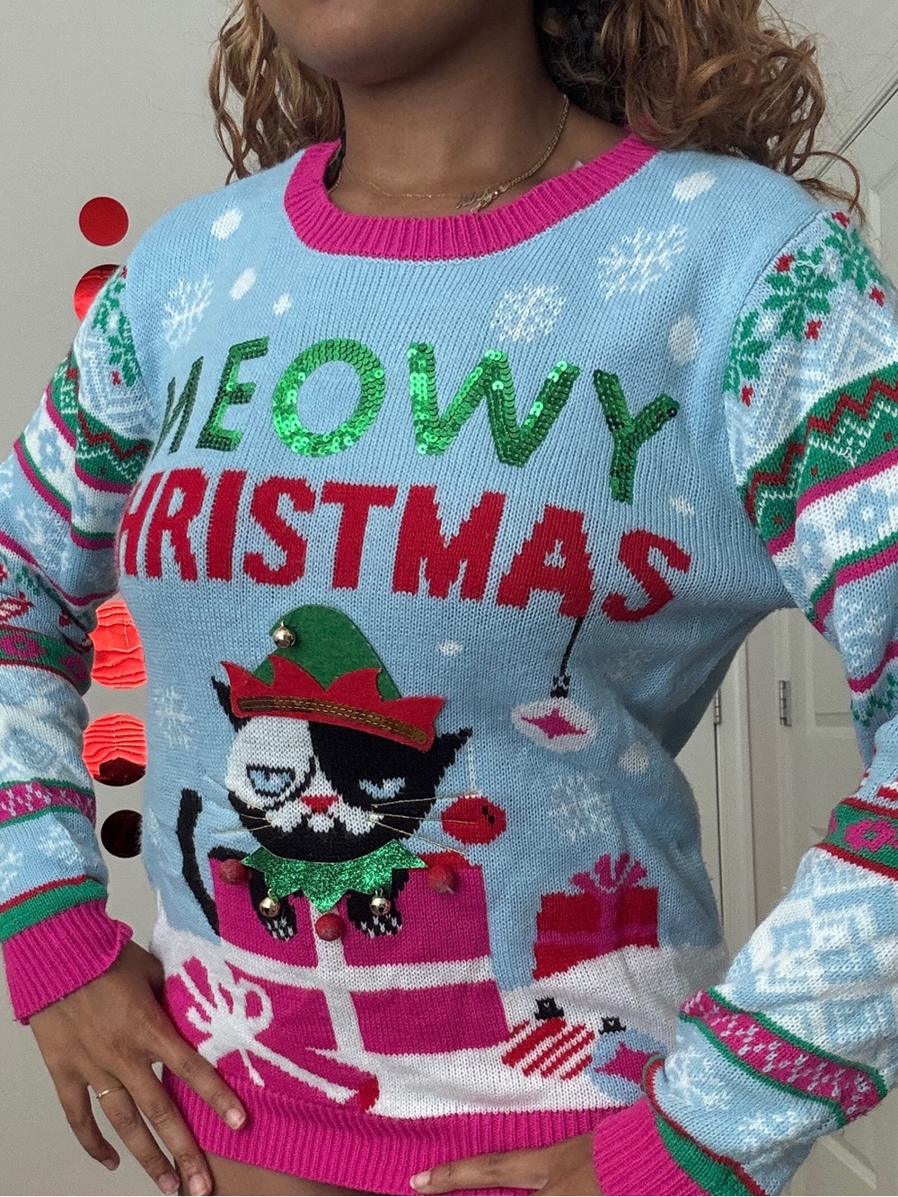 Meowy Christmas Cat Graphic Knit Sweater - Pink & Light Blue